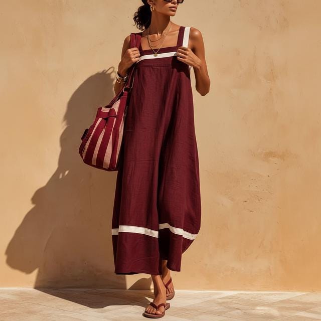 Boho Linen Blend Midi Dress, Contrast Straps (Loose Fit, S-3XL)