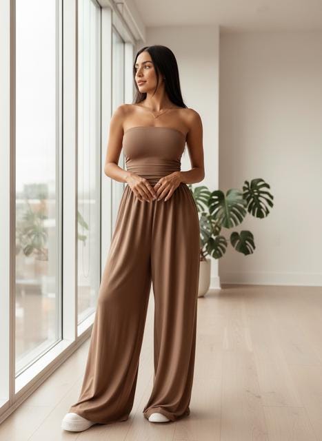 Women's Two-Piece Set, High Waisted Wide Leg Pants & Tube Top (S-3XL)