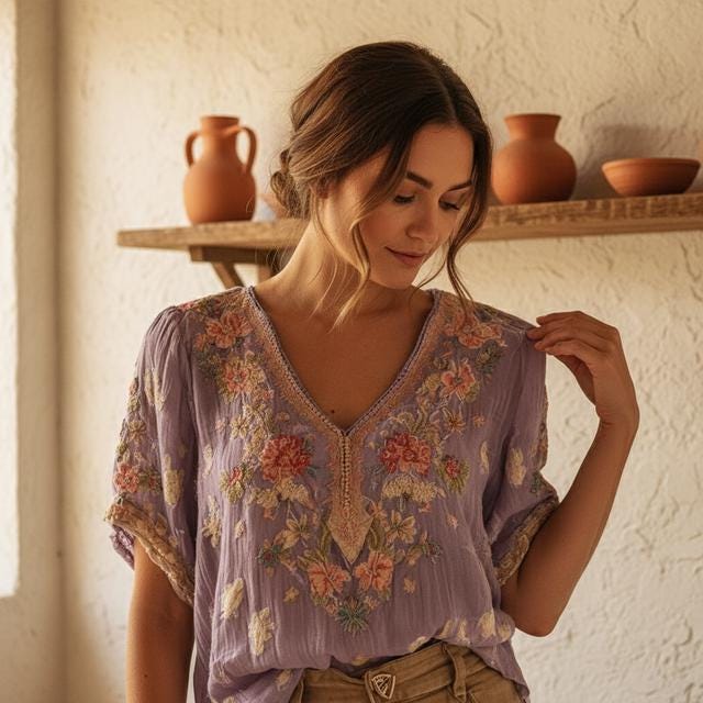 Retro V-Neck Ramie Top, Artistic Print, Short Sleeve (Loose Fit S-5XL)