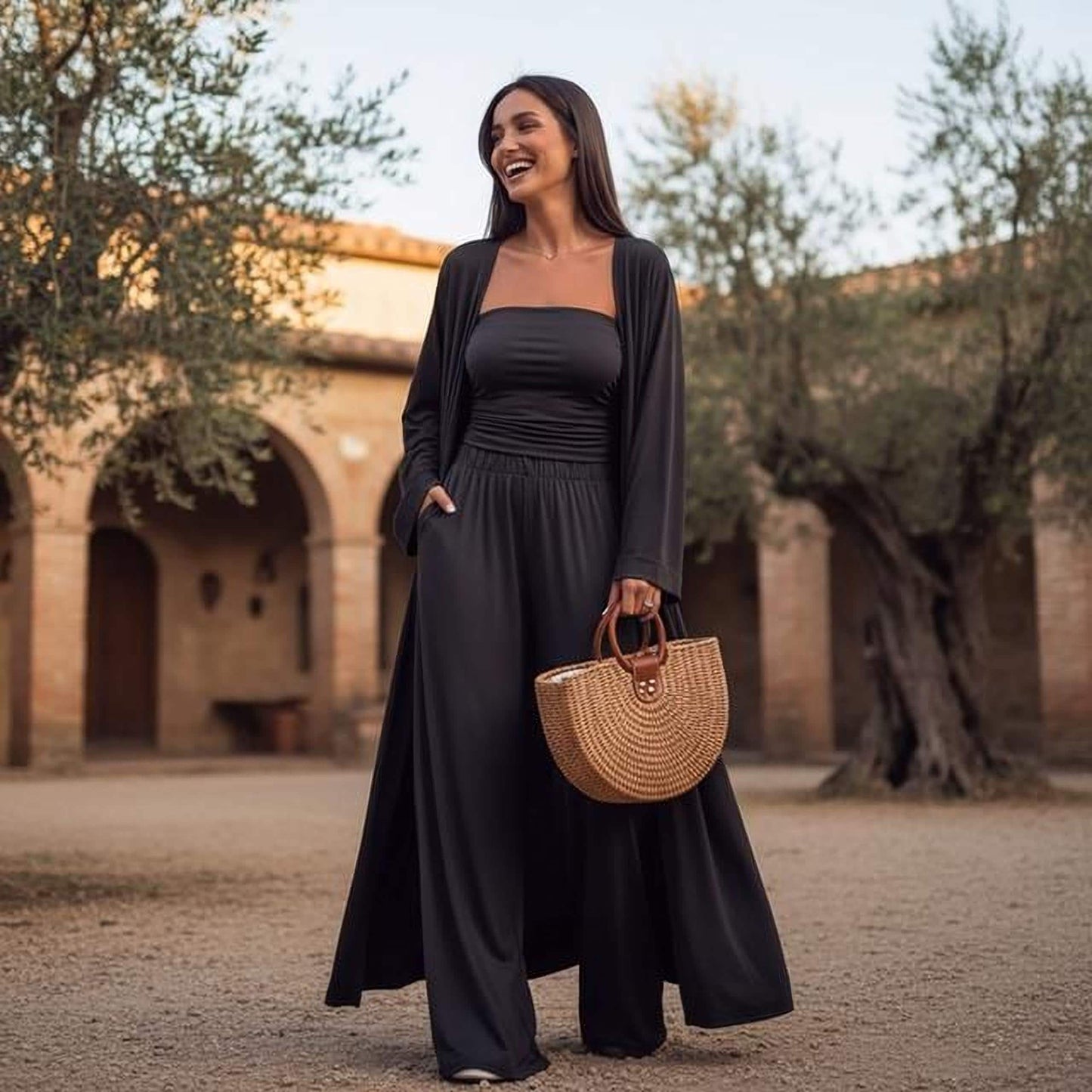 Casual Three-Piece Set: Mid-Calf Cardigan, Vest Top & Wide Leg Pants