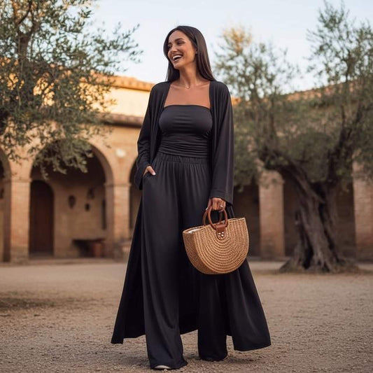 Casual Three-Piece Set: Mid-Calf Cardigan, Vest Top & Wide Leg Pants