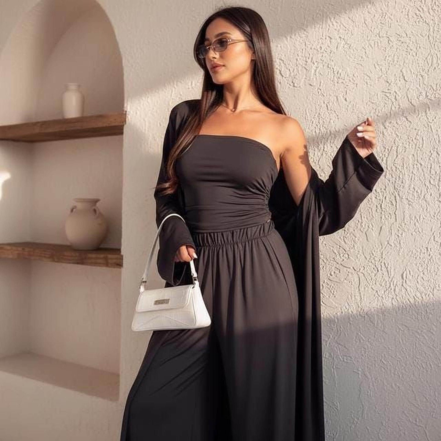 Casual Three-Piece Set: Mid-Calf Cardigan, Vest Top & Wide Leg Pants