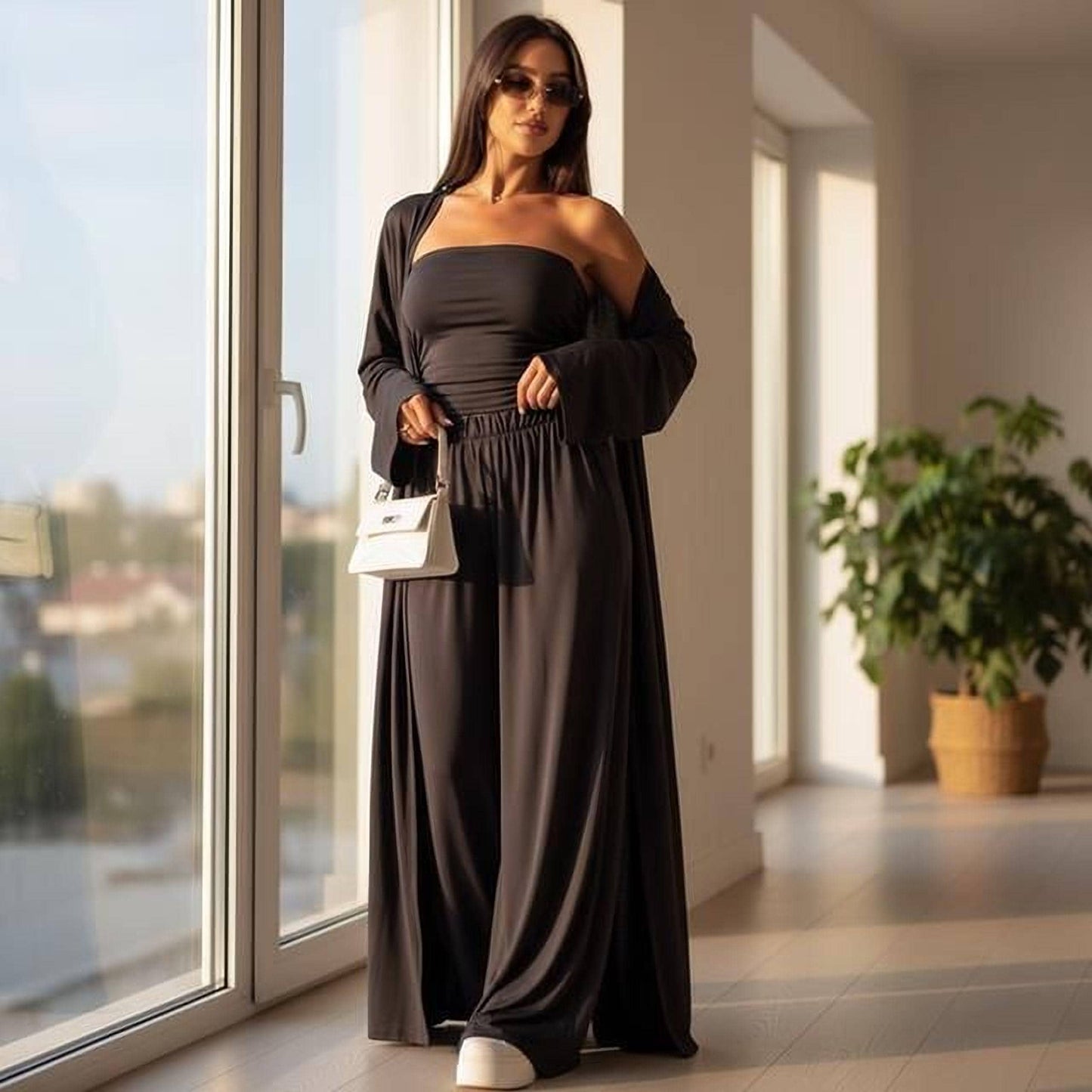 Casual Three-Piece Set: Mid-Calf Cardigan, Vest Top & Wide Leg Pants