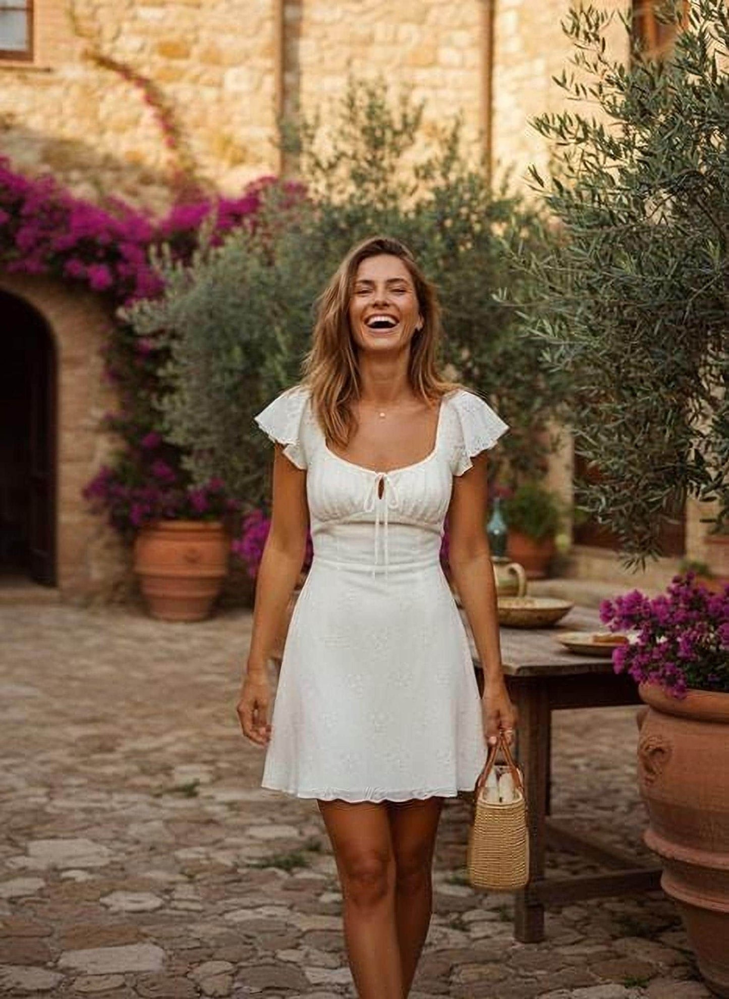 Romantic French Mini Dress: Ruffled Tie Waist, Cream White