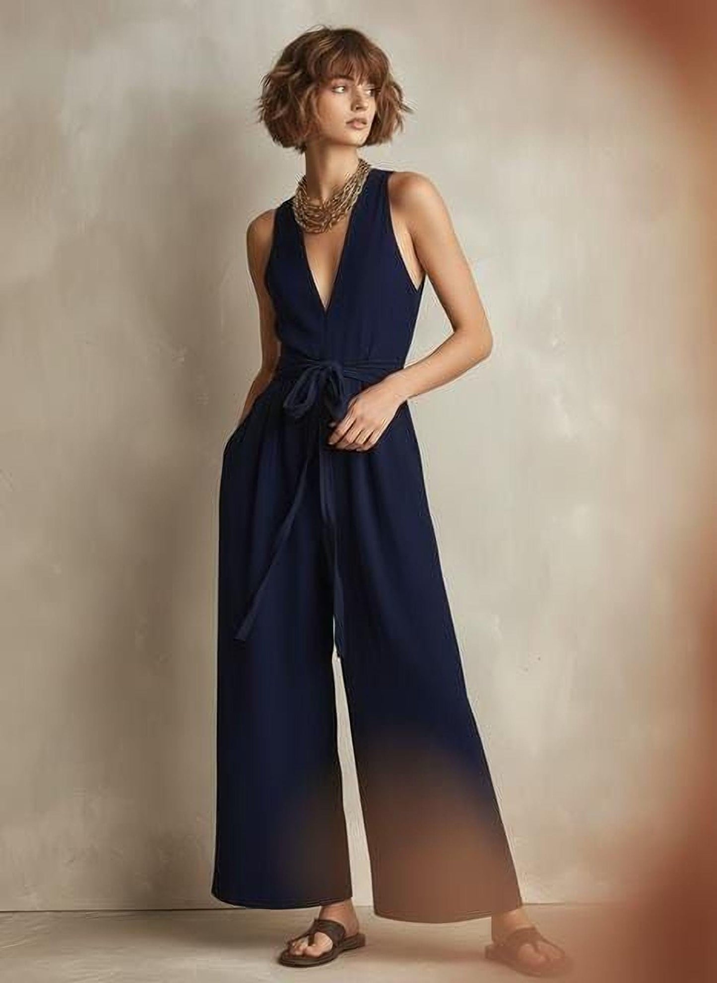 Women's Elegant Jumpsuit - Sleeveless V-Neck, Wide Leg Pants