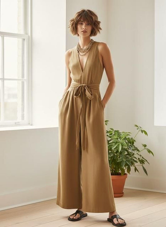 Women's Elegant Jumpsuit - Sleeveless V-Neck, Wide Leg Pants