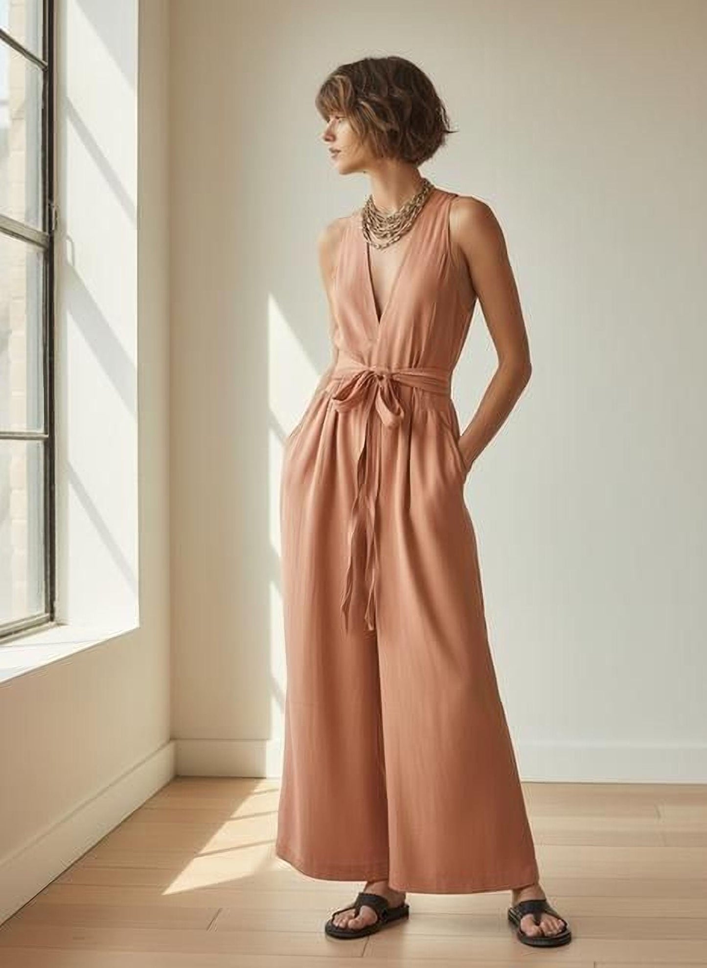 Women's Elegant Jumpsuit - Sleeveless V-Neck, Wide Leg Pants