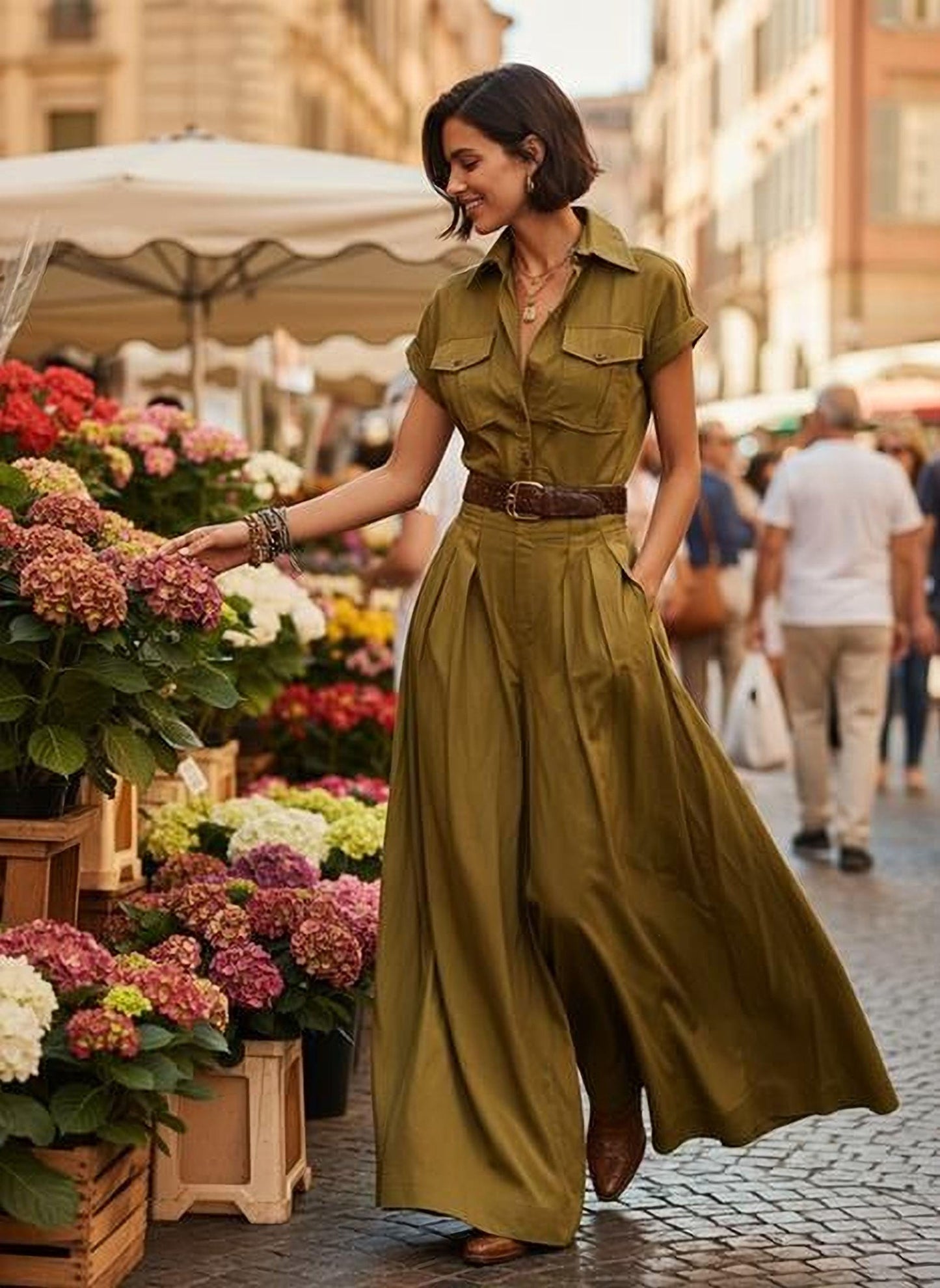 Olive Green Shirt Dress, Pockets, A-Line Maxi (Women’s S-XXL)