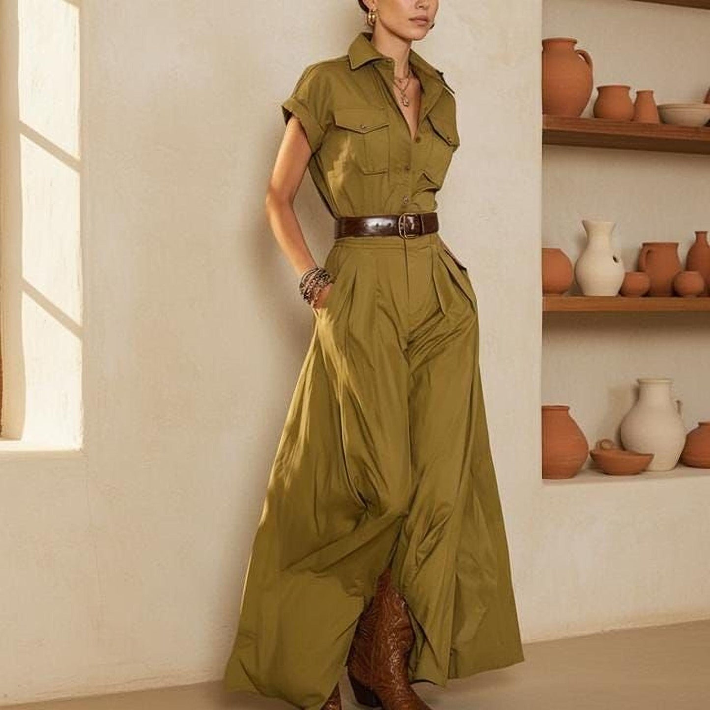 Olive Green Shirt Dress, Pockets, A-Line Maxi (Women’s S-XXL)