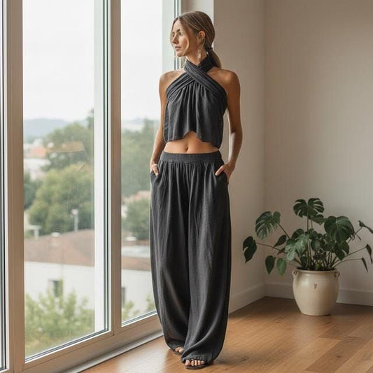 Boho Summer Outfit: Linen Blend Sleeveless Top & Wide Pants (XS-2XL)