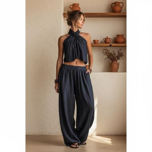 Boho Summer Outfit: Linen Blend Sleeveless Top & Wide Pants (XS-2XL)
