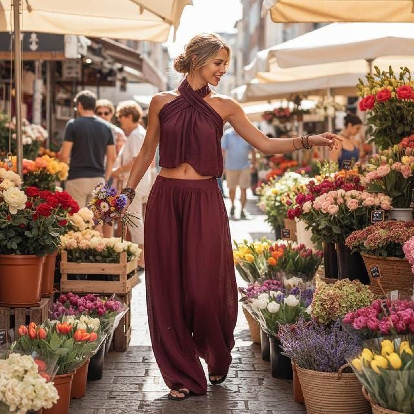 Boho Summer Outfit: Linen Blend Sleeveless Top & Wide Pants (XS-2XL)