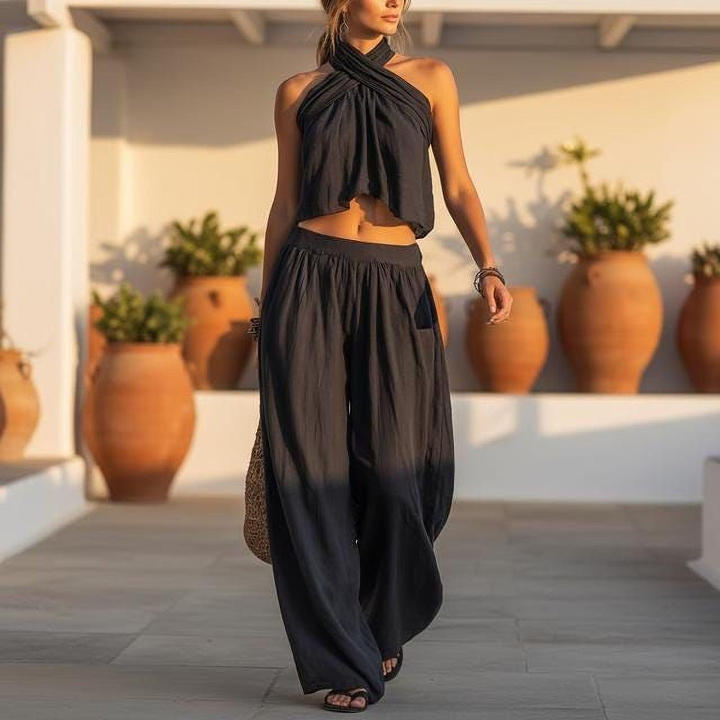 Boho Summer Outfit: Linen Blend Sleeveless Top & Wide Pants (XS-2XL)