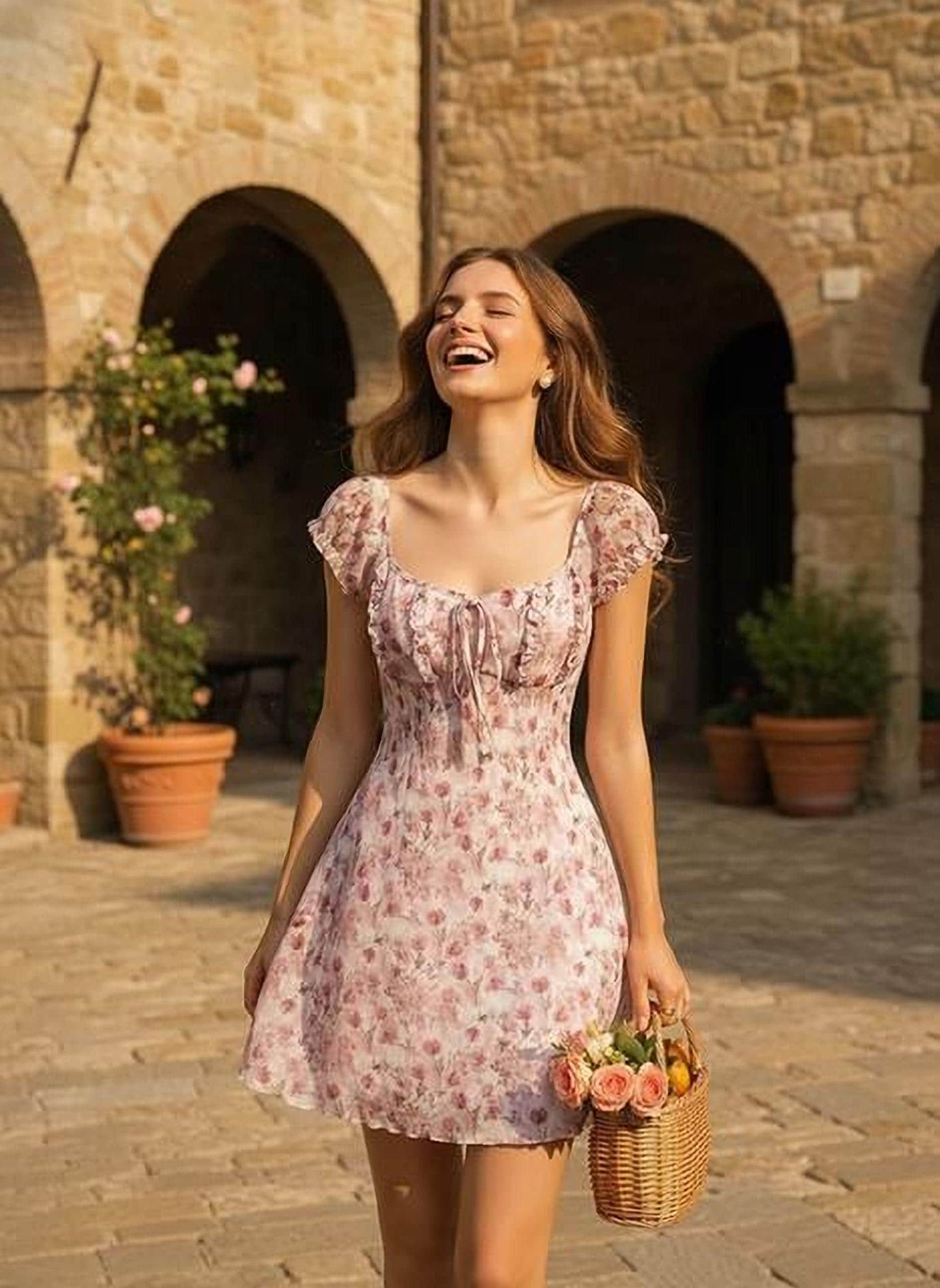 Romantic French Floral Mini Dress: Summer A-Line, Waist-Cinched