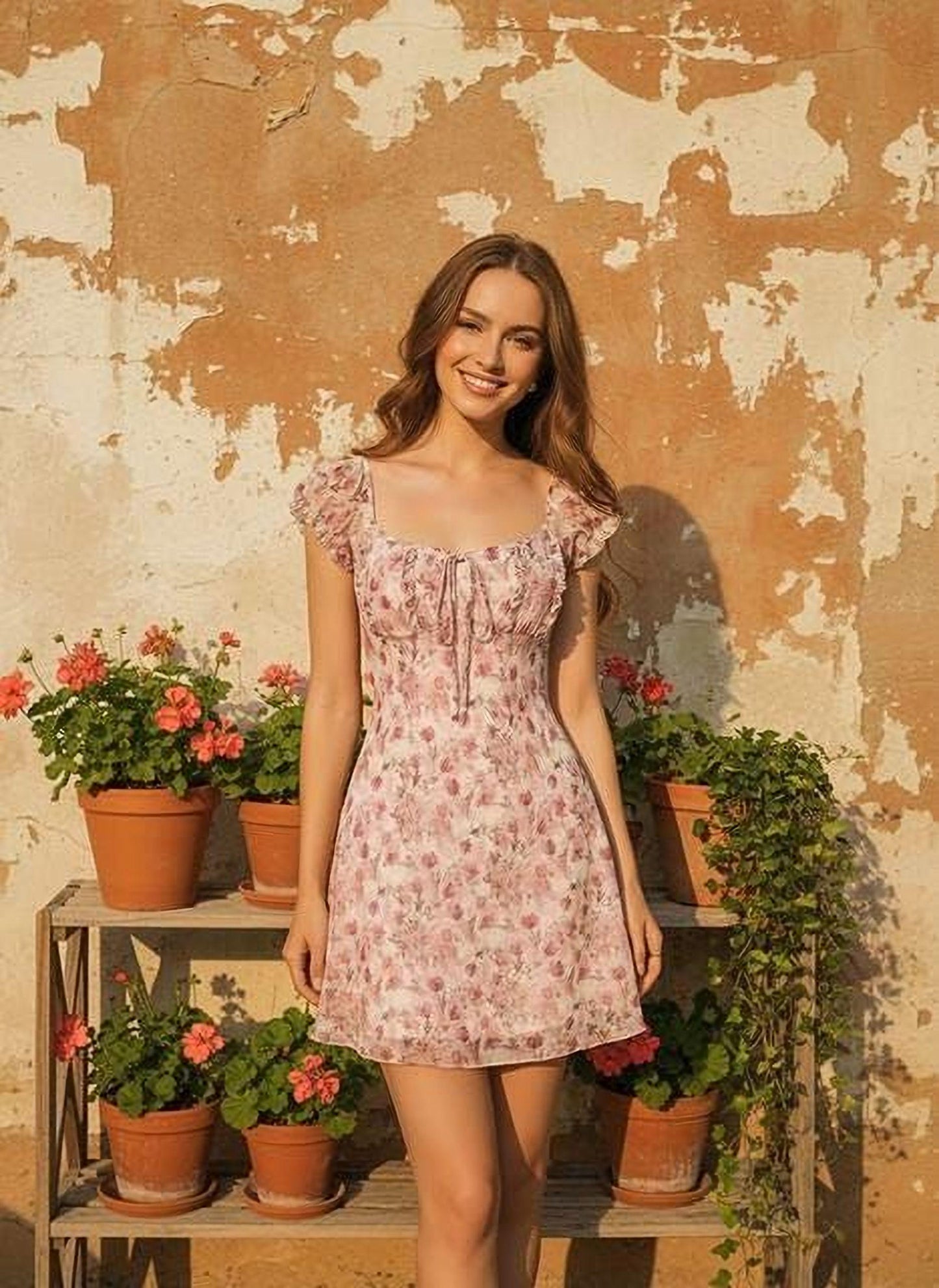 Romantic French Floral Mini Dress: Summer A-Line, Waist-Cinched