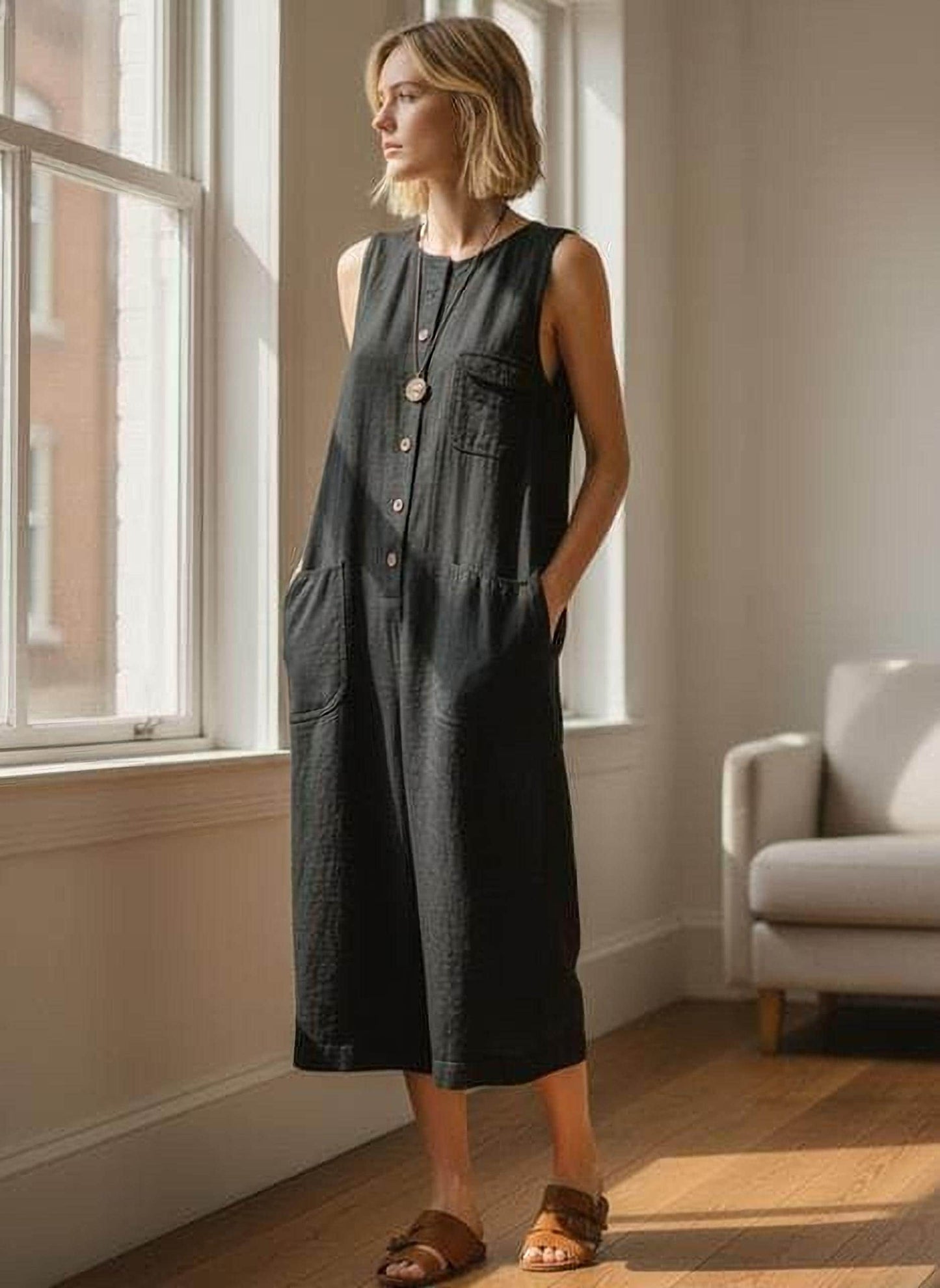 Wide-Leg Cropped Jumpsuit: Retro Boho Style (Sleeveless S-3XL)