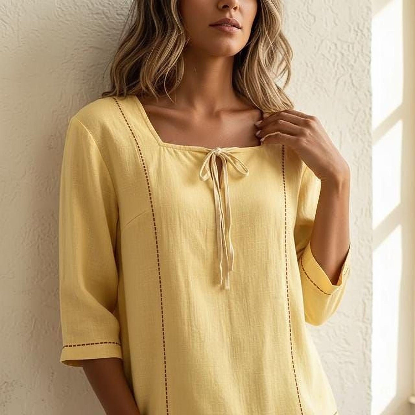 Printed Ramie Blouse, Lace-Up Square Neck, Loose Fit (S-5XL)