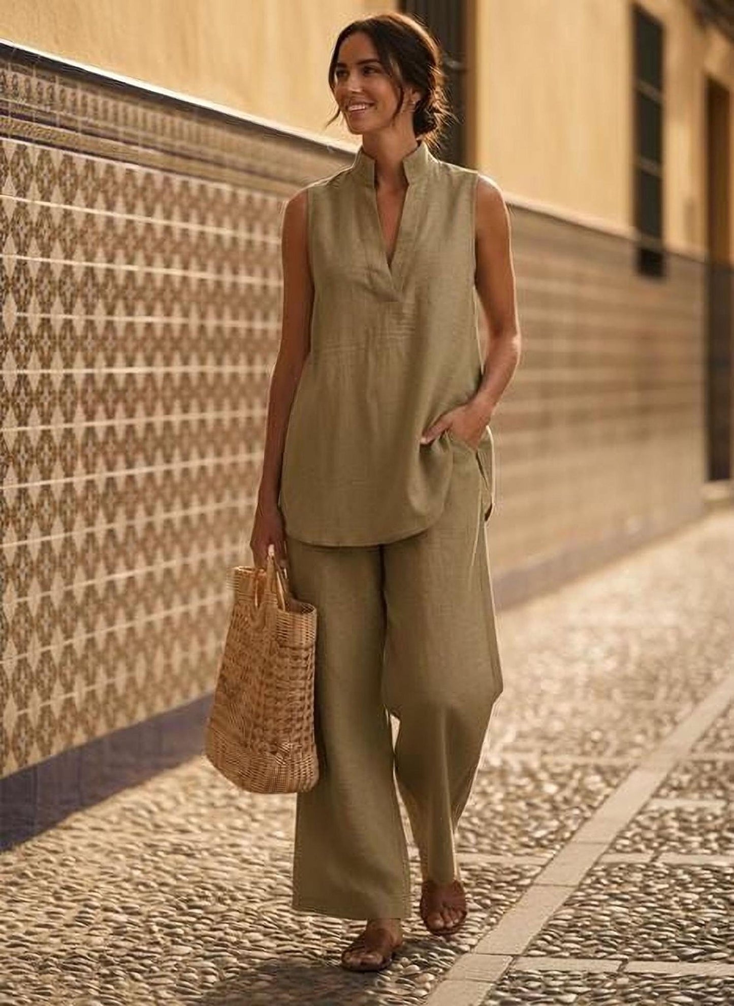 Summer Cotton Linen Set - Sleeveless V-Neck Top and Wide Leg Pants