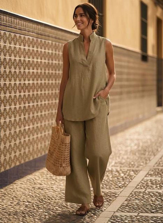 Summer Cotton Linen Set - Sleeveless V-Neck Top and Wide Leg Pants