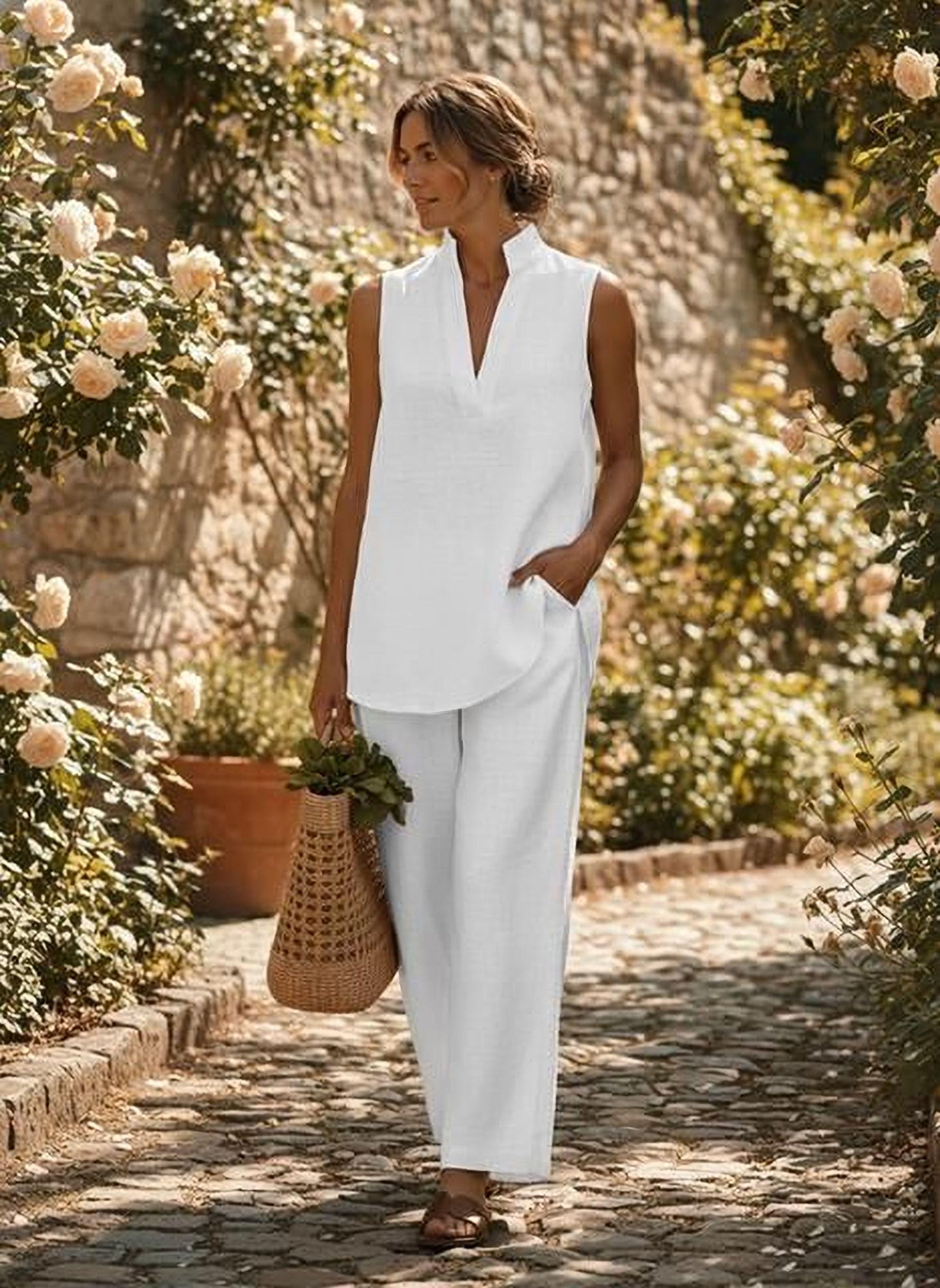 Summer Cotton Linen Set - Sleeveless V-Neck Top and Wide Leg Pants